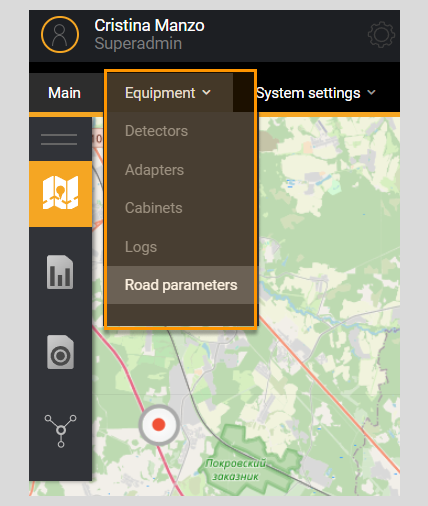 Menu Road parameters